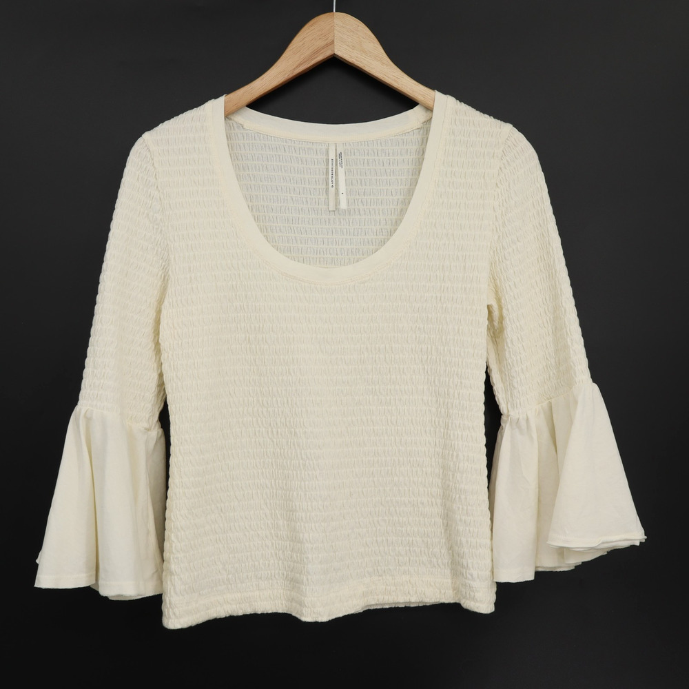 Anthropologie Women's Smocked Bell Sleeve Top Beige Sz Small
